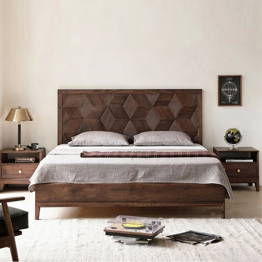 Elowen Walnut Wood Carved Bed Frame