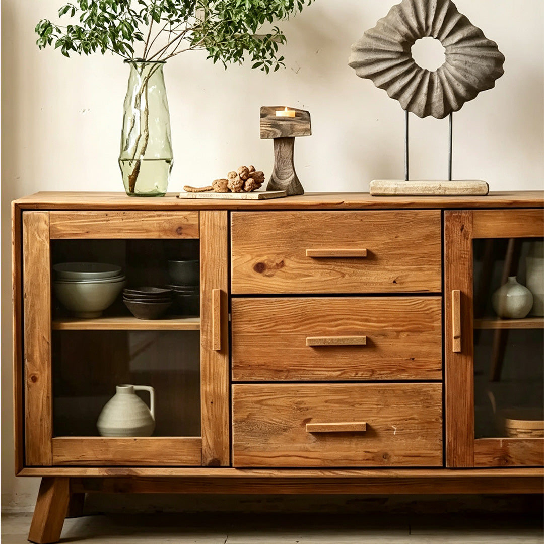 Jake Natural Wood Sideboard With Glass Doors And Drawers