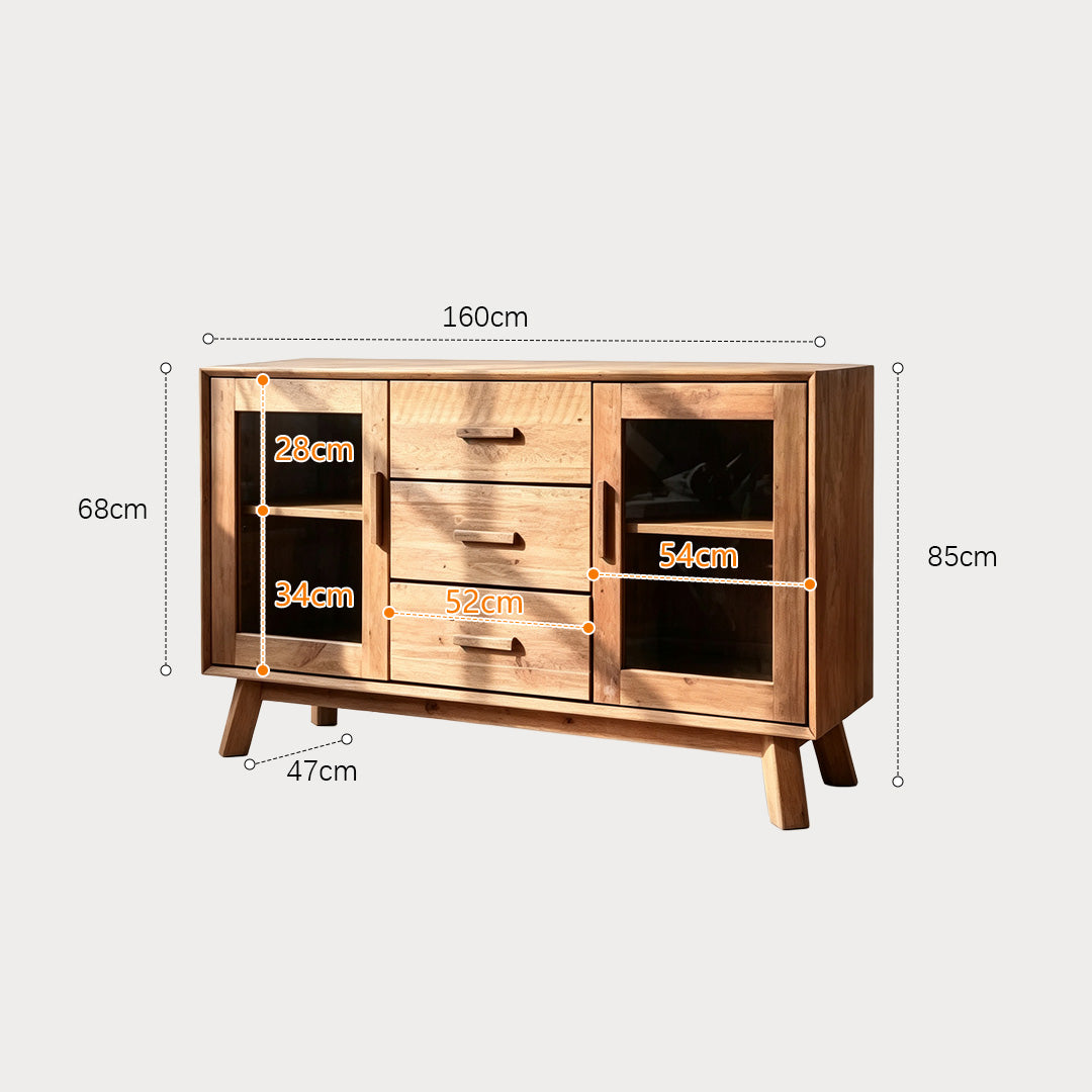 Jake Natural Wood Sideboard With Glass Doors And Drawers