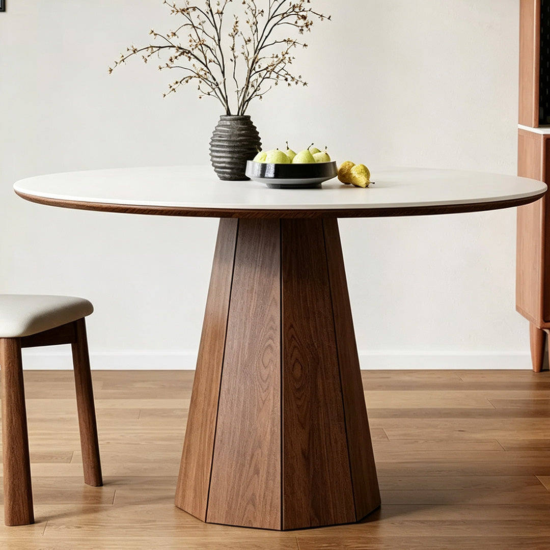 Keane Walnut Pedestal Round Dining Table With White Top