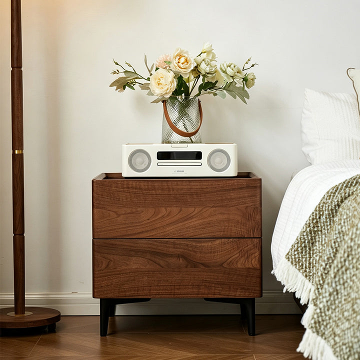 Edmundwalnut Wood Bedside Table With Black Metal Legs