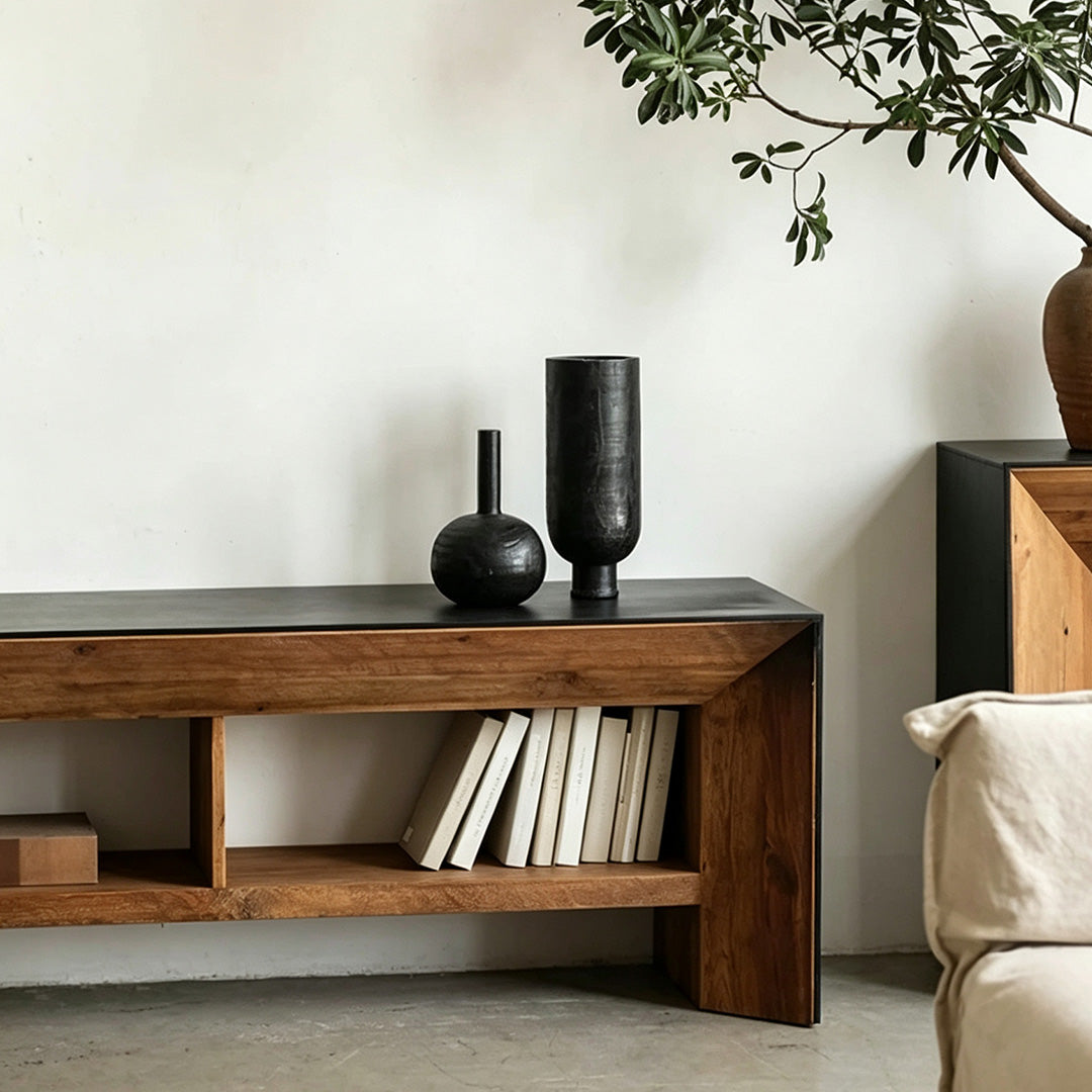 Gareth Natural Wood Media Unit With Optional Black Glass Top