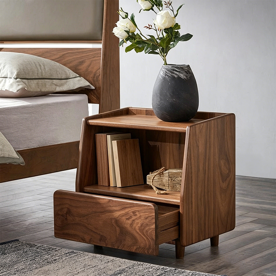 Cillian Walnut Finish Bedside Cabinet With Open Shelf And Drawer