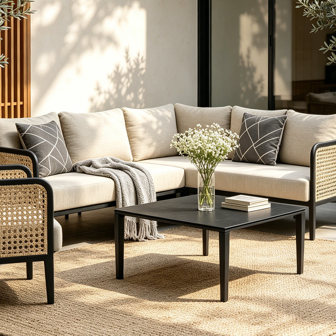 Oliver Natural Cane & Black Frame Corner Sofa Set