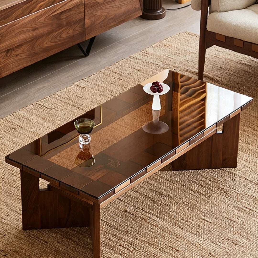 Joseph Walnut Wood And Black Glass Coffee Table