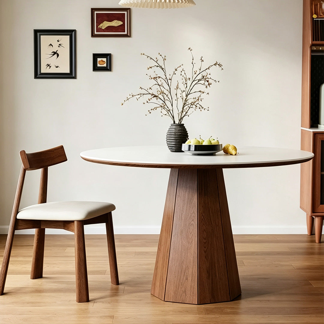 Keane Walnut Pedestal Round Dining Table With White Top