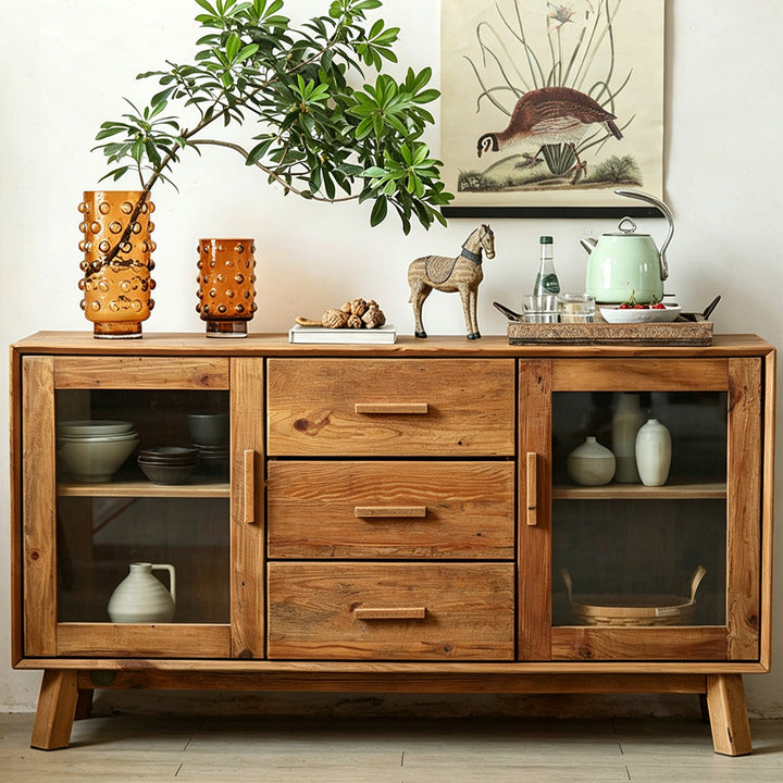 Jake Natural Wood Sideboard With Glass Doors And Drawers