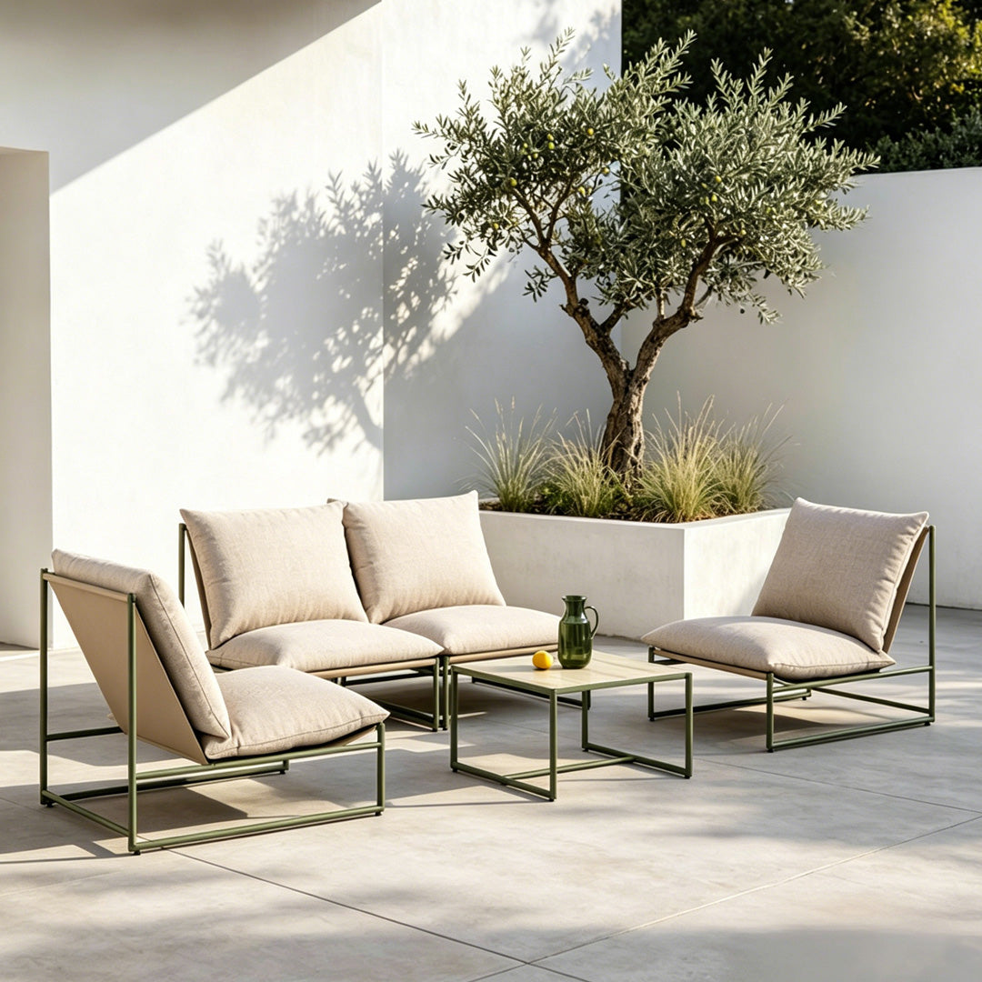 Elara Sage Green Steel Frame Outdoor Lounge Set With Beige Cushions