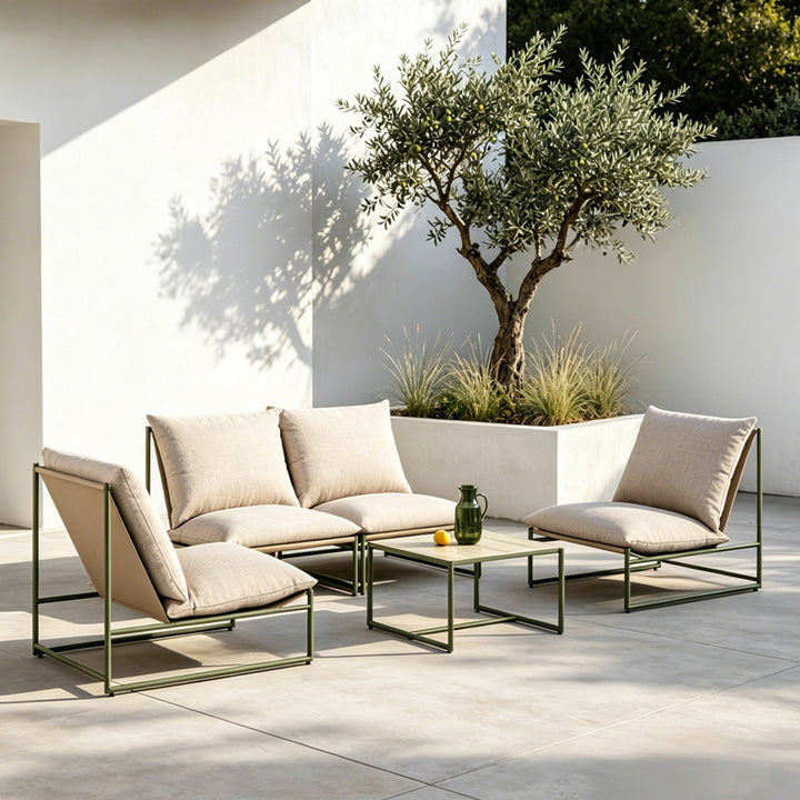 Elara Sage Green Steel Frame Outdoor Lounge Set With Beige Cushions