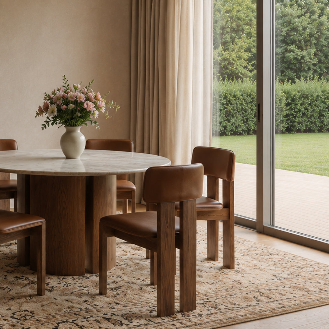 Laurel Taupe Marble Round Dining Table with Wooden Base