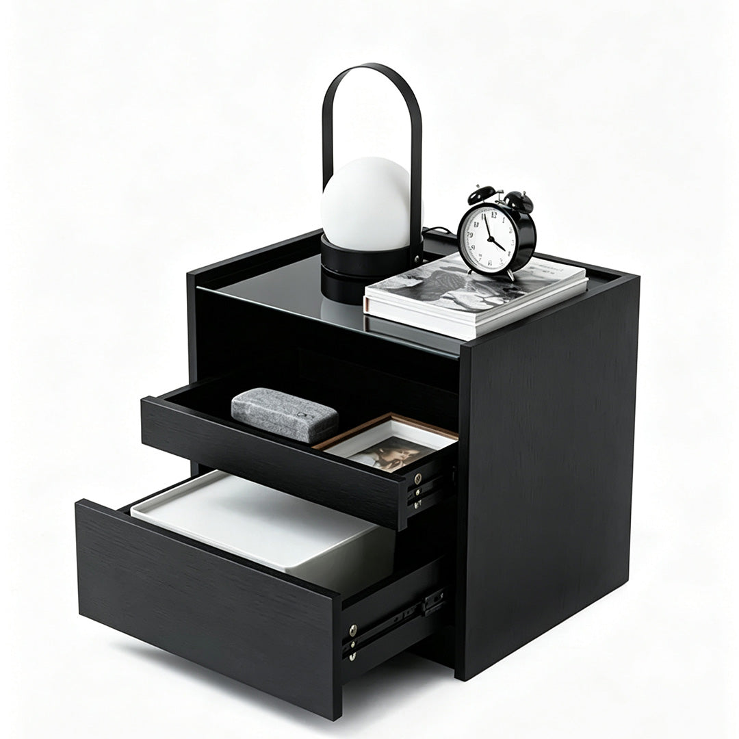 Frank Black Oak Nightstand With Glass Top