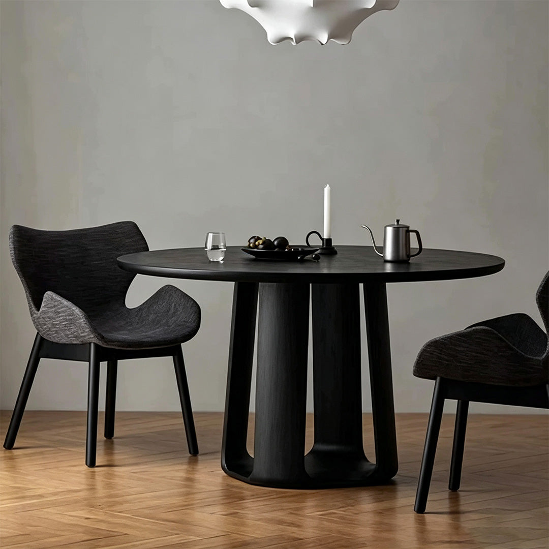 Landon matte black round dining table front view with chairs