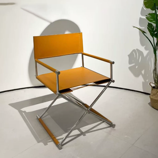High-end single chair, Bauhaus style, casual folding director chair, Italian minimalist saddle leather dining chair