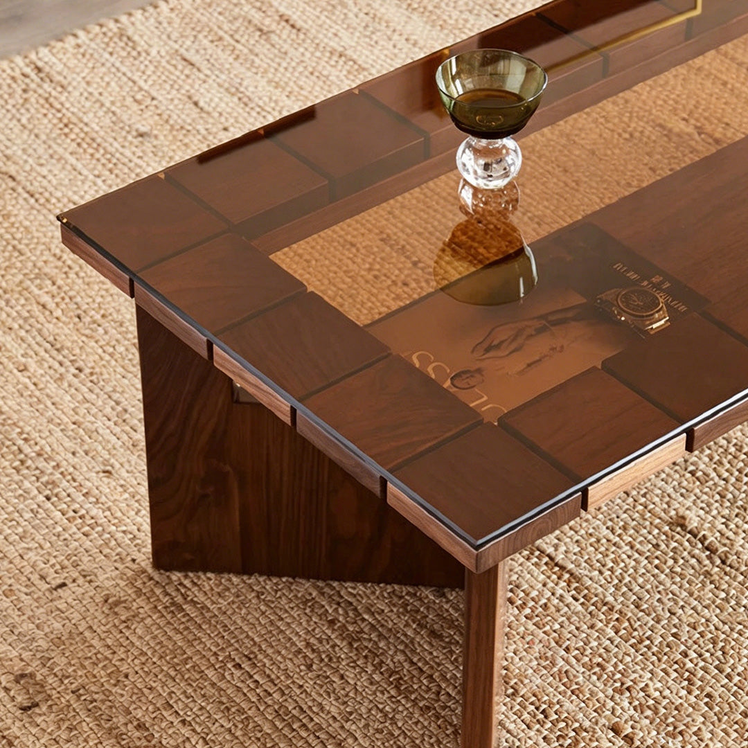 Joseph Walnut Wood And Black Glass Coffee Table