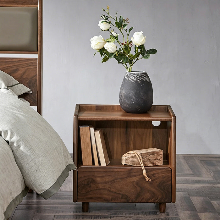 Cillian Walnut Finish Bedside Cabinet With Open Shelf And Drawer