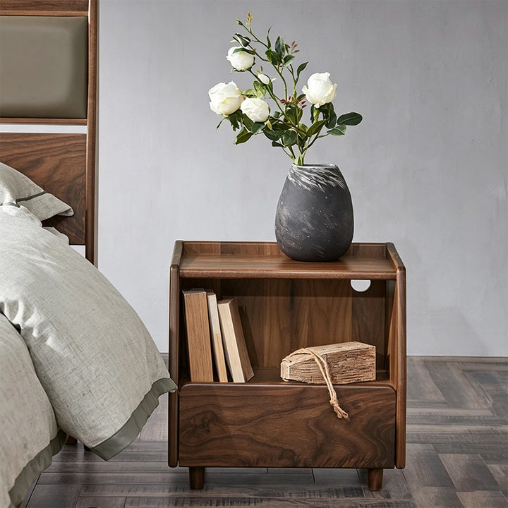 Cillian Walnut Finish Bedside Cabinet With Open Shelf And Drawer