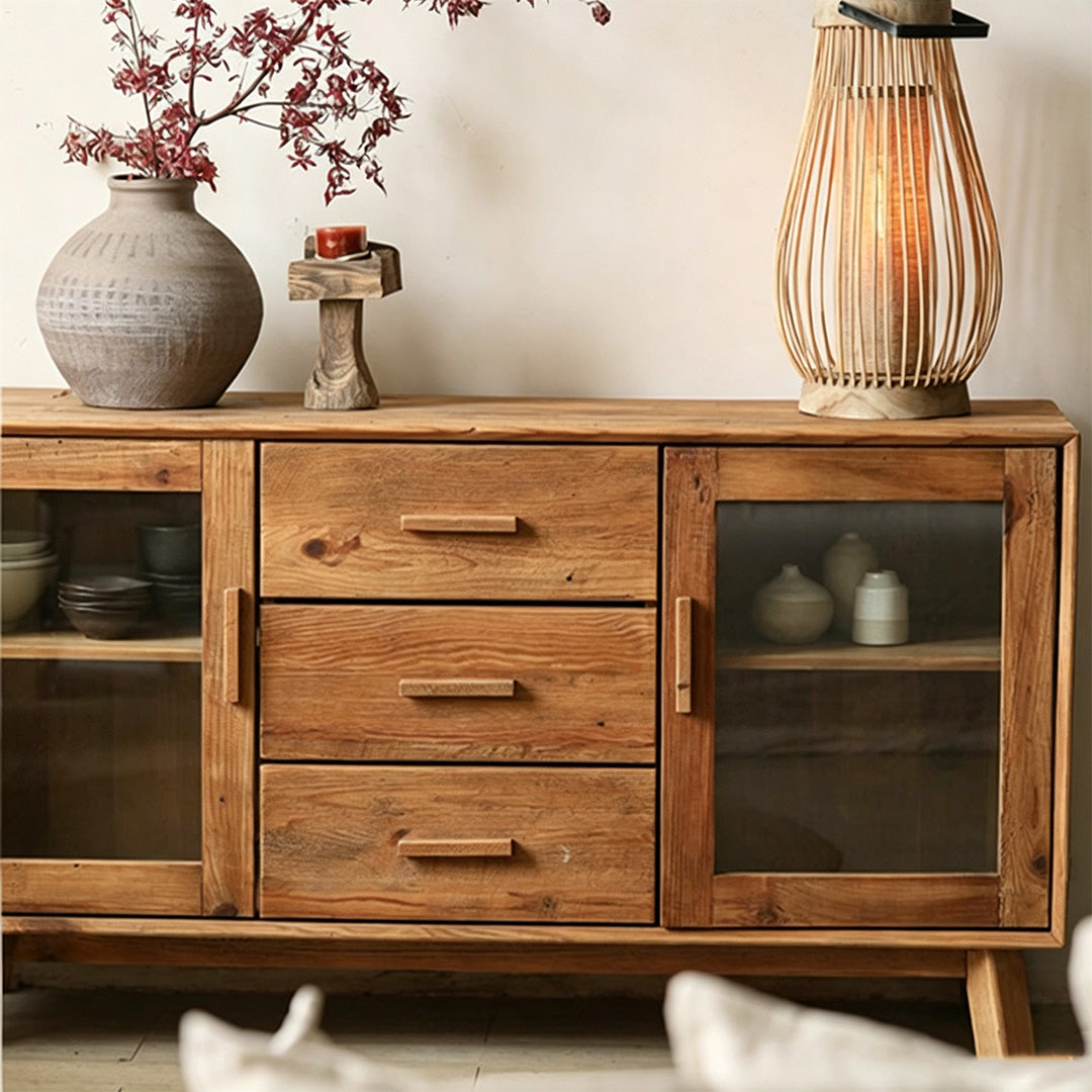 Jake Natural Wood Sideboard With Glass Doors And Drawers