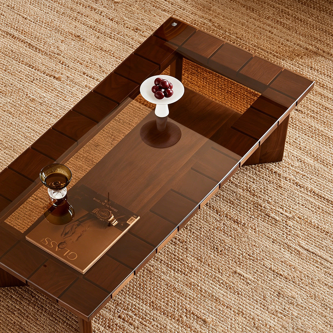 Joseph Walnut Wood And Black Glass Coffee Table