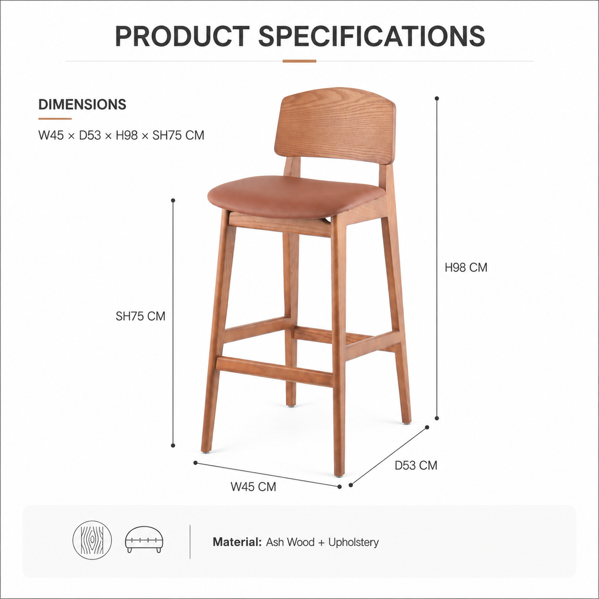 Ergonomic Solid Wood Bar Stool, Comfortable Bar Chair For Kitchen, Cafe And Entertainment Area