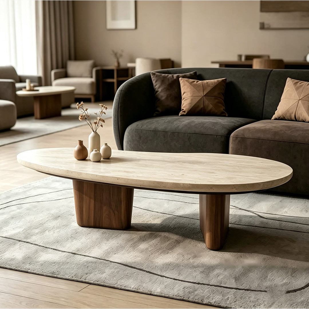 Heath Marble-top Oval Coffee Table In Wood Or Black Legs