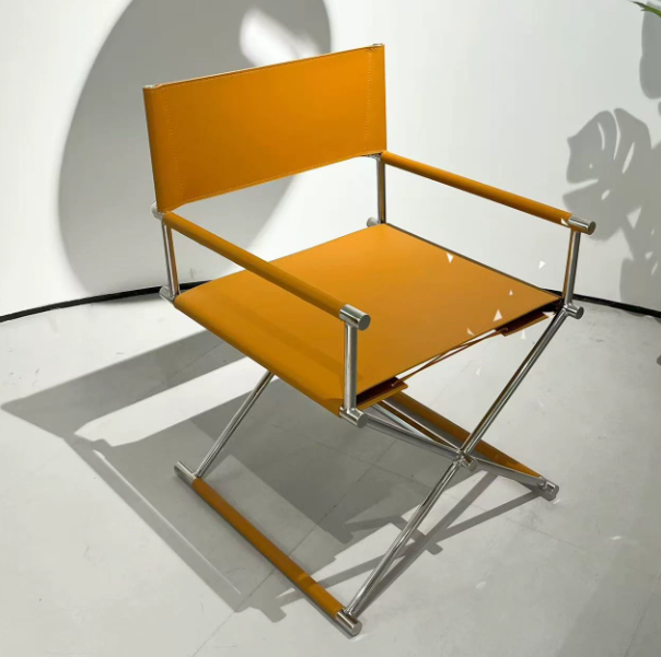 High-end single chair, Bauhaus style, casual folding director chair, Italian minimalist saddle leather dining chair
