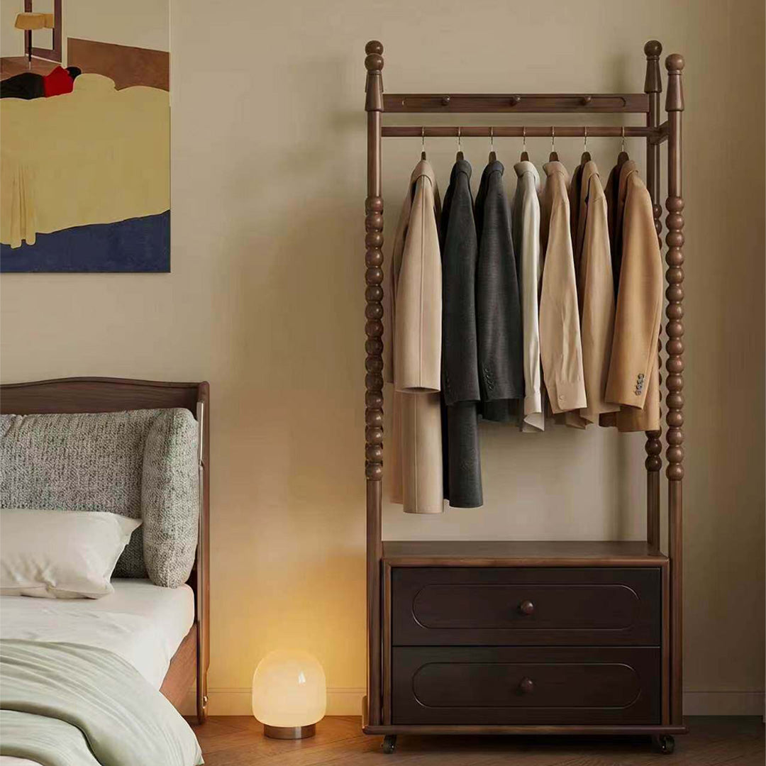 Pauline Walnut Finish Spindle Hall Tree With Drawers