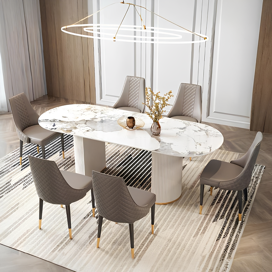 Detail view of Costanza Dining Table, Sintered Stone, White with dining table with benches