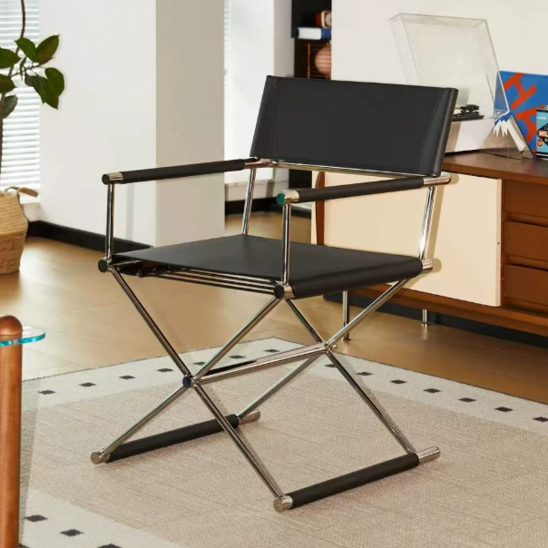High-end single chair, Bauhaus style, casual folding director chair, Italian minimalist saddle leather dining chair