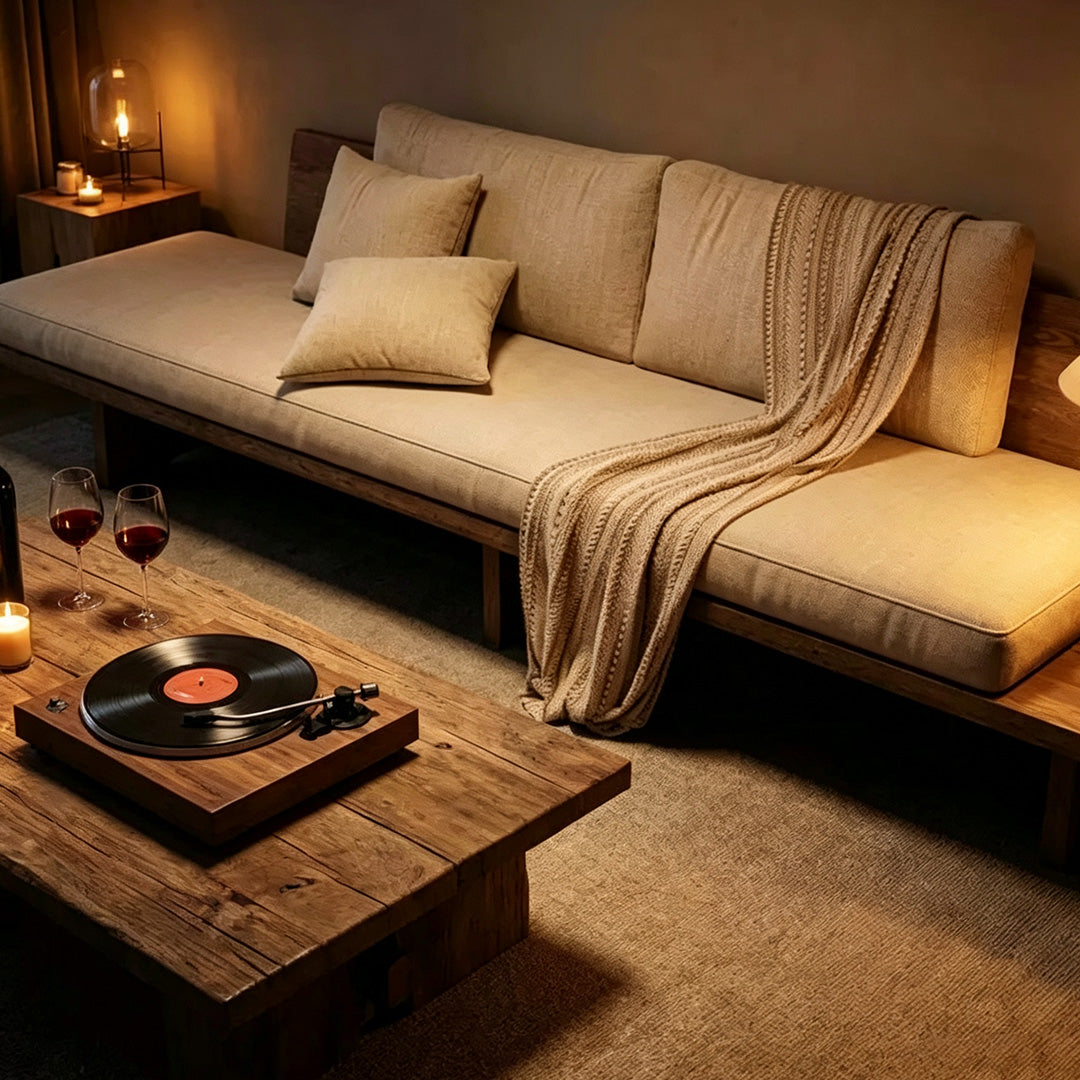 Knox natural linen sofa angled view with solid wood base
