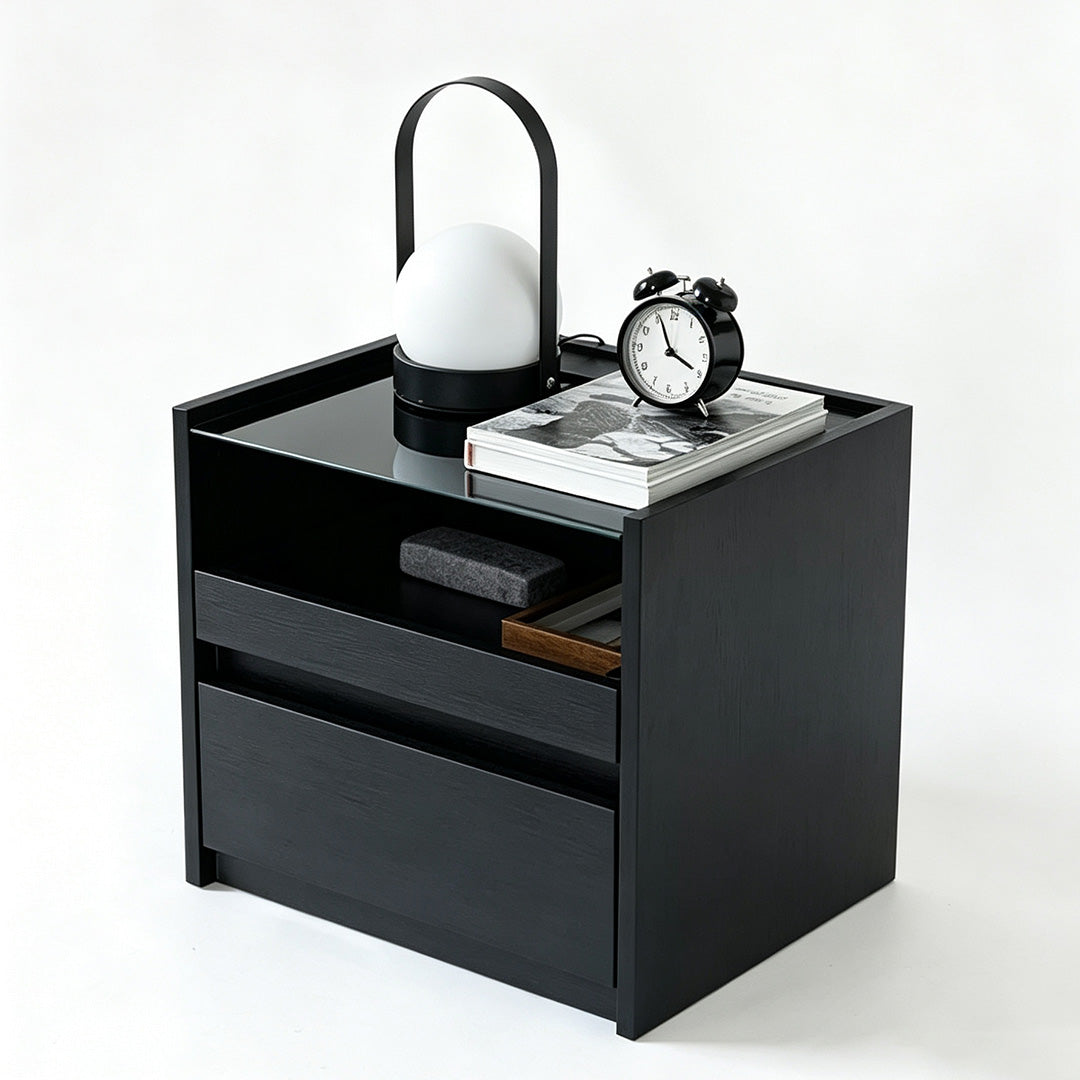 Frank Black Oak Nightstand With Glass Top