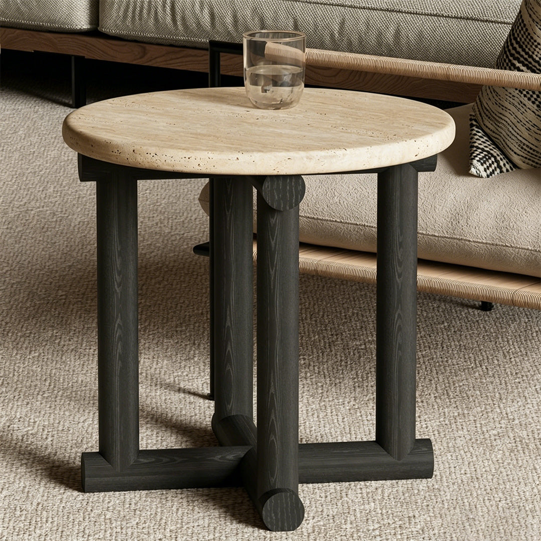 Drake Travertine And Ebony Round Side Table