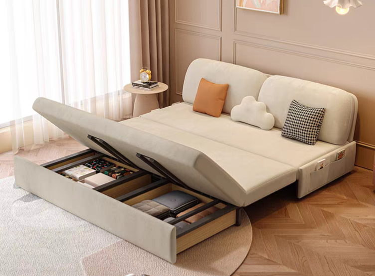 Cream-style Foldable Sofa Bed With Storage