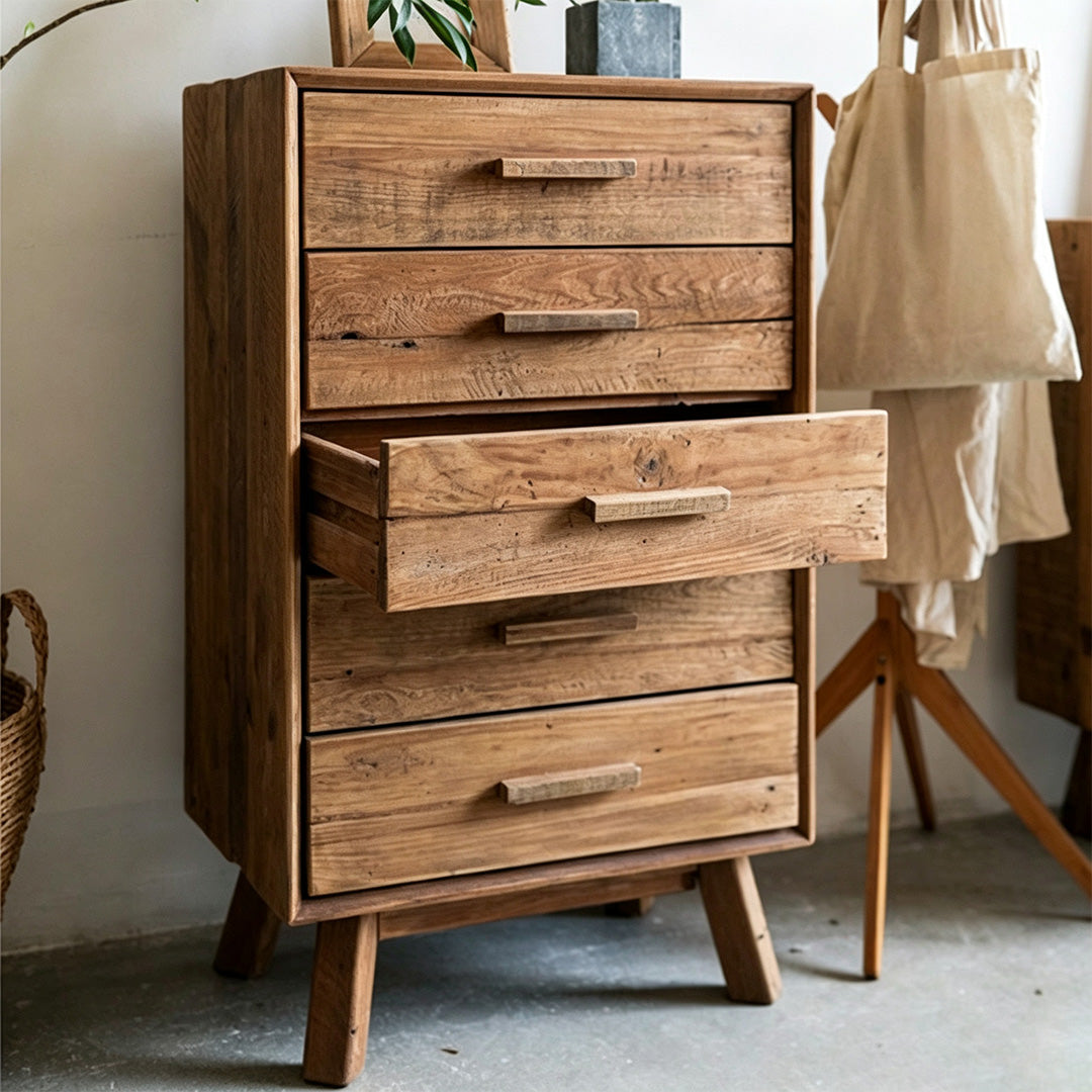 Janus brown storage cabinet with drawers open