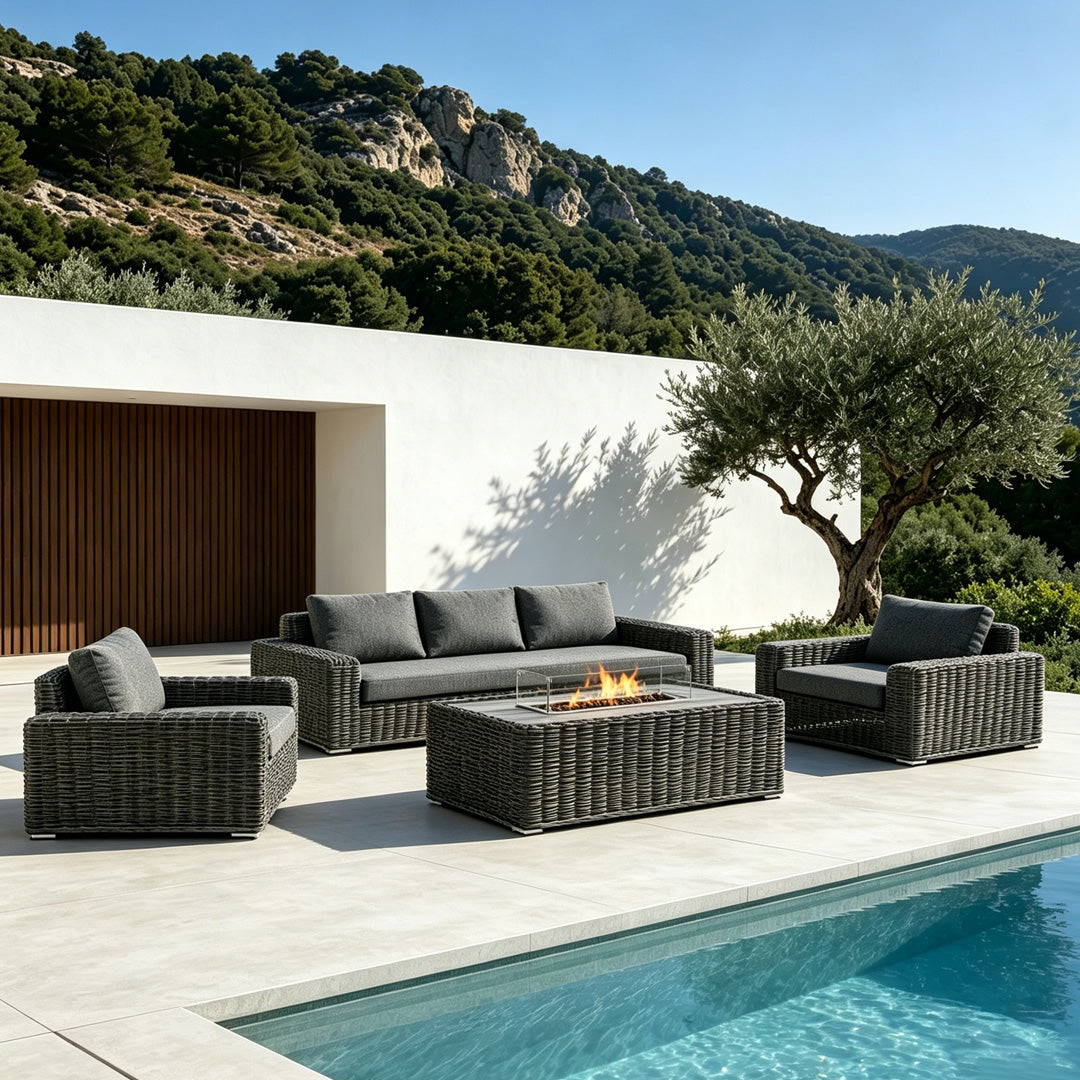 Oscar Grey Wicker Outdoor Fire Pit Sofa Set