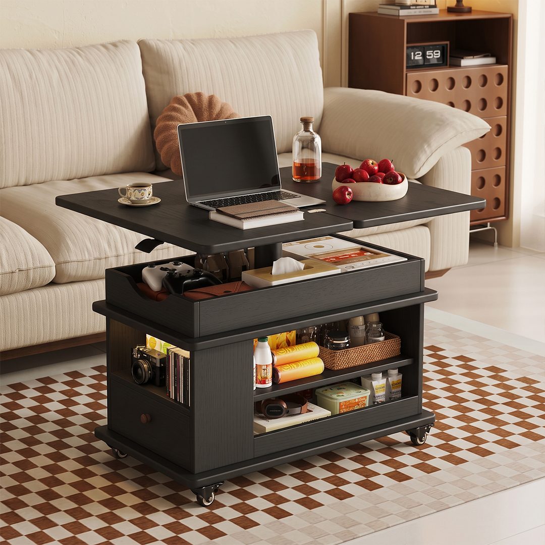 Black Harlow lift-top coffee table raised with laptop