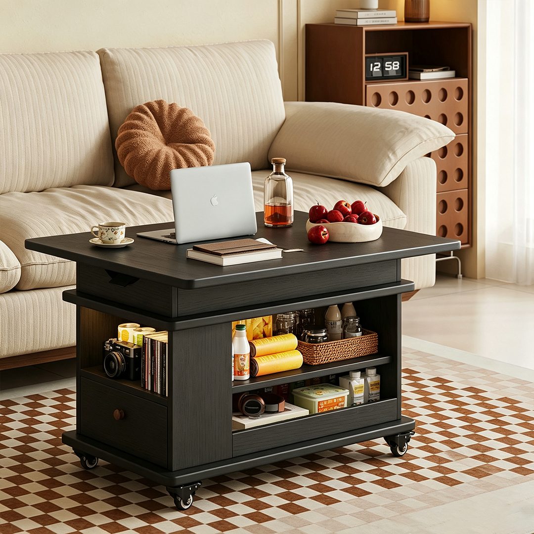 Black Harlow coffee table lowered in a living room