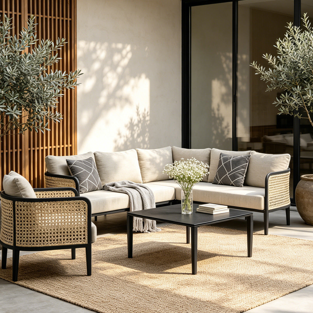Oliver Natural Cane & Black Frame Corner Sofa Set