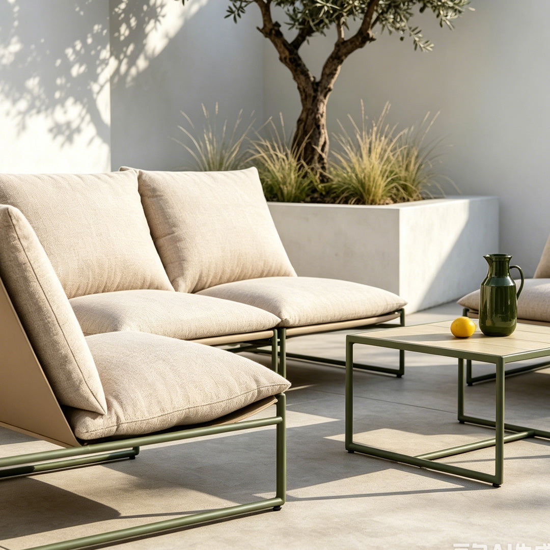 Elara Sage Green Steel Frame Outdoor Lounge Set With Beige Cushions