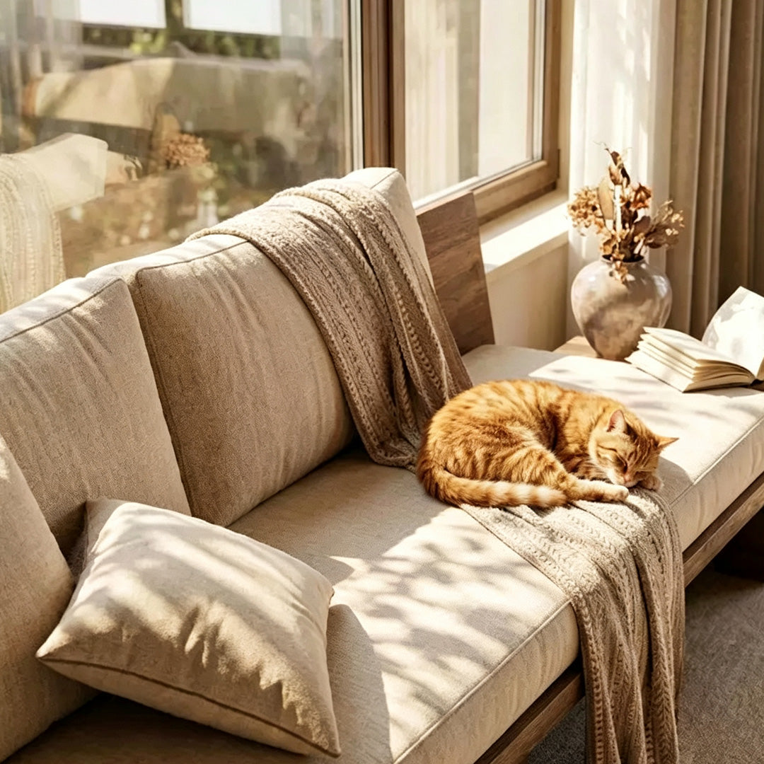 Knox linen sofa beside a window with integrated wood side surface