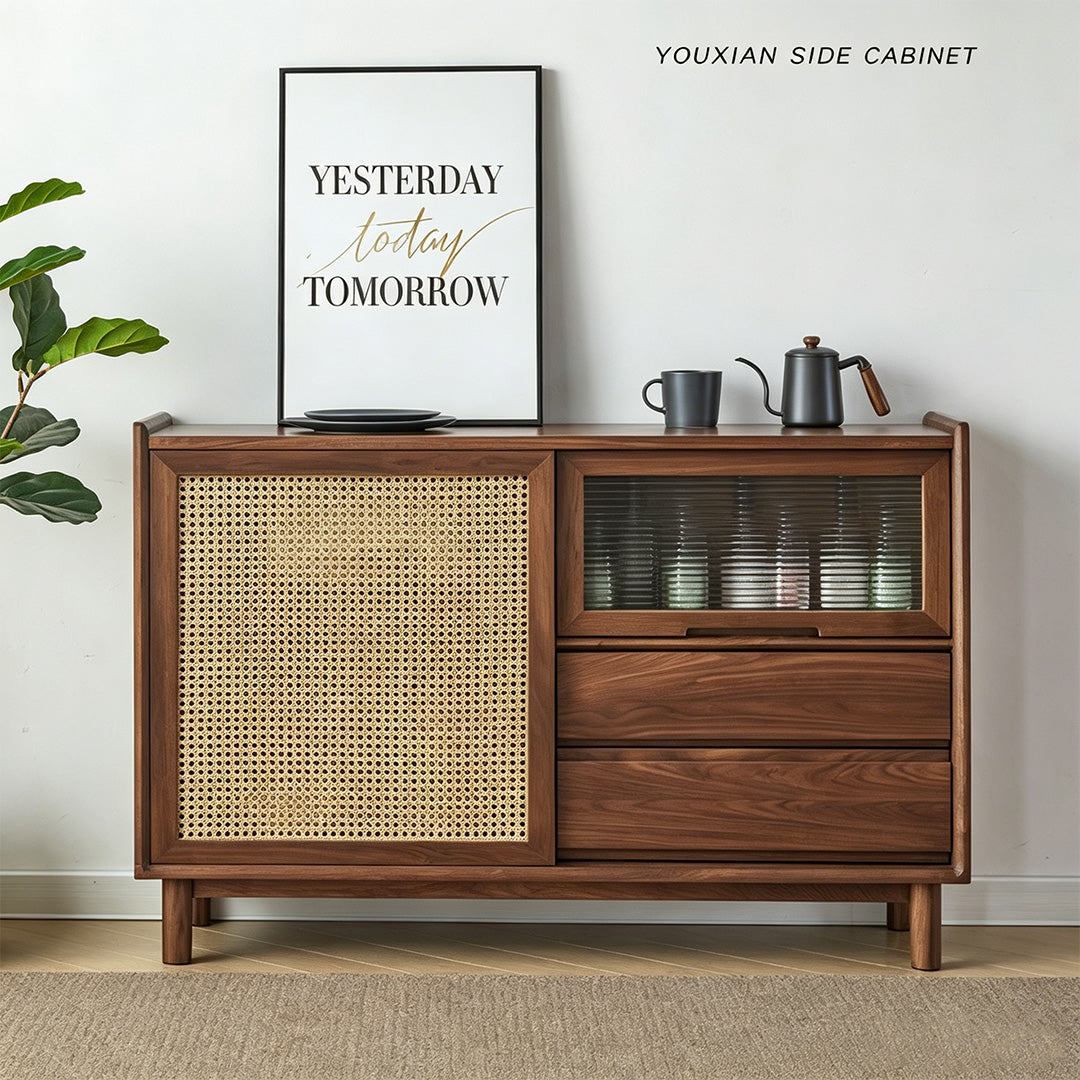 Joshua Walnut Rattan Side Cabinet
