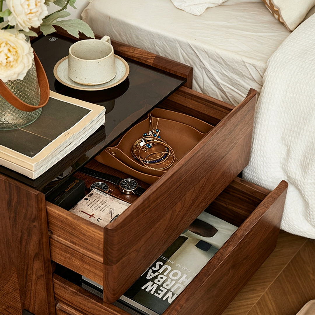 Edmundwalnut Wood Bedside Table With Black Metal Legs