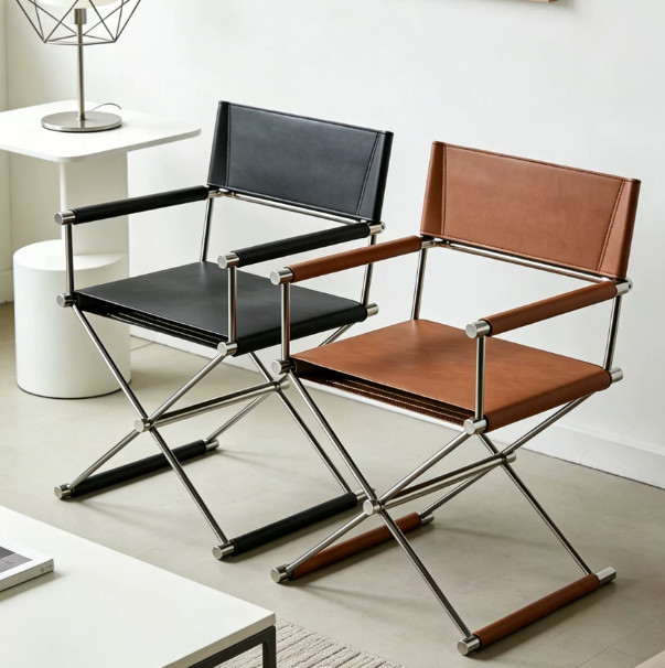 High-end single chair, Bauhaus style, casual folding director chair, Italian minimalist saddle leather dining chair