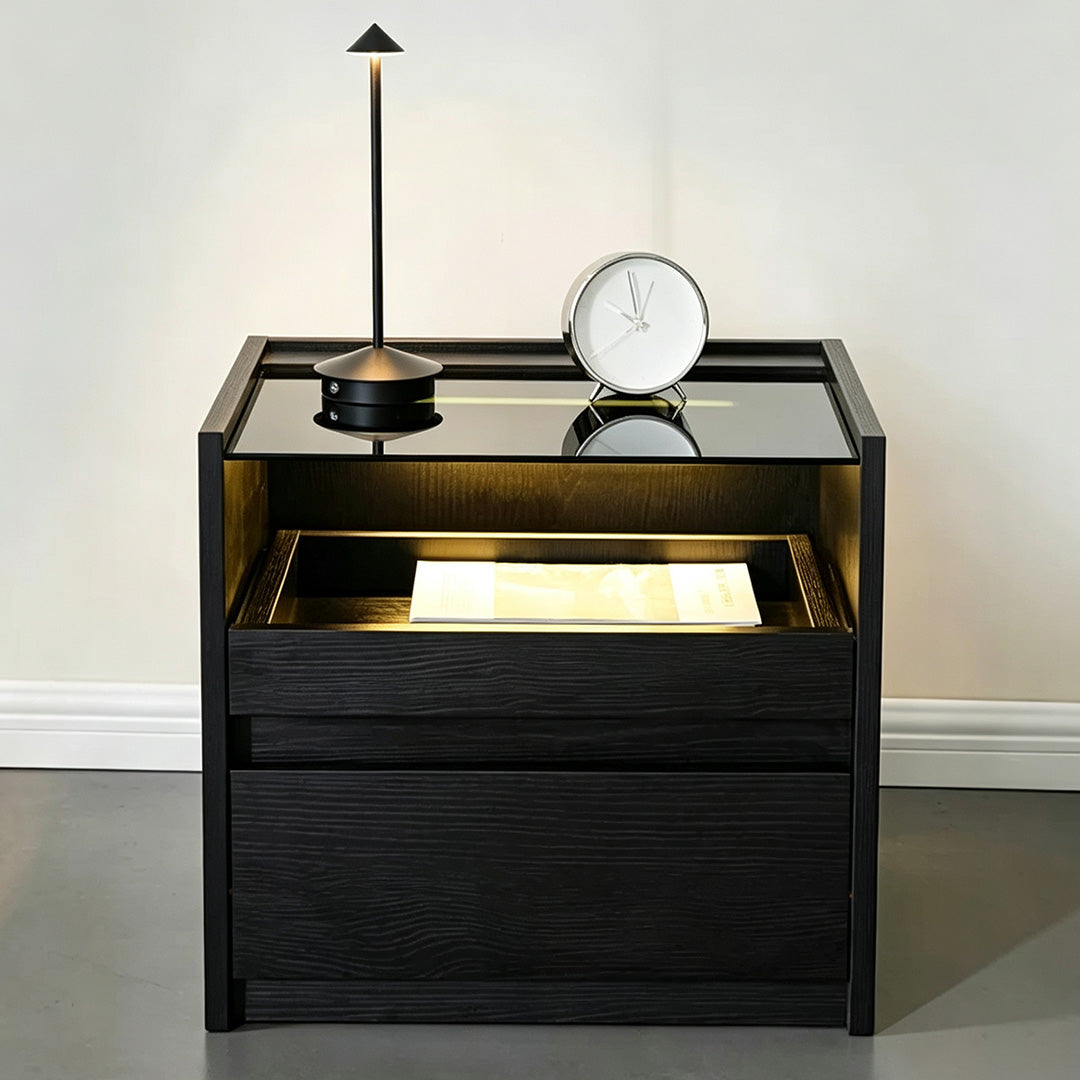 Frank Black Oak Nightstand With Glass Top
