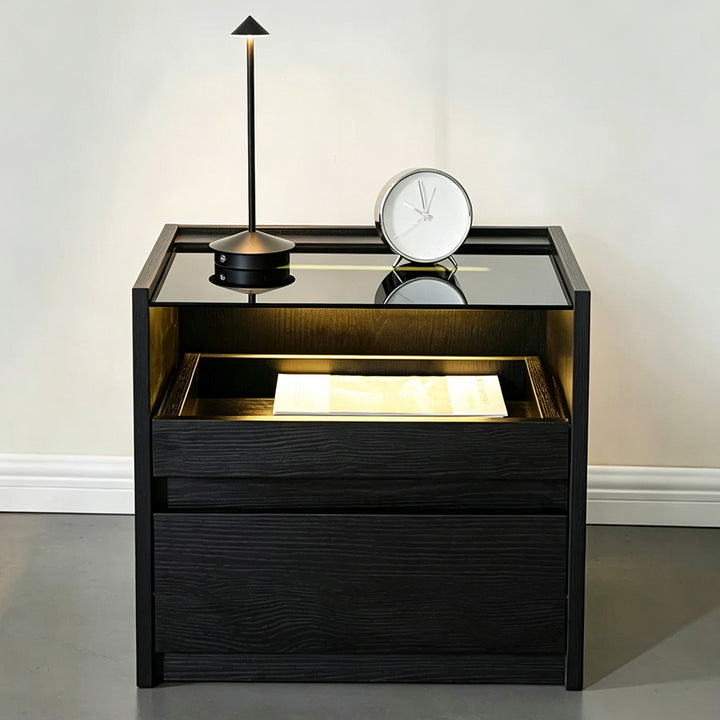 Frank Black Oak Nightstand With Glass Top