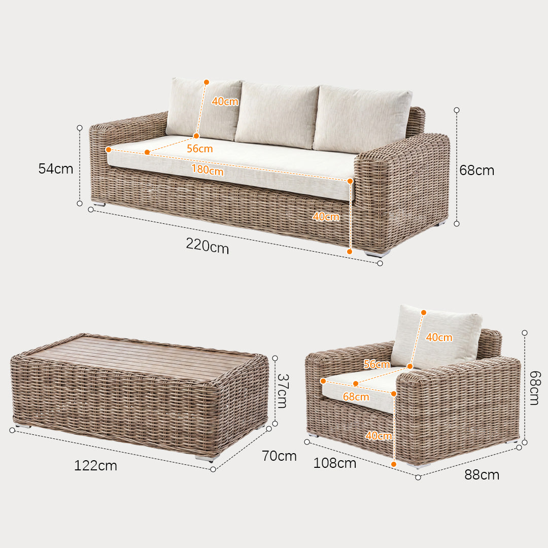 Owen wicker sofa, armchair and coffee table dimension diagram