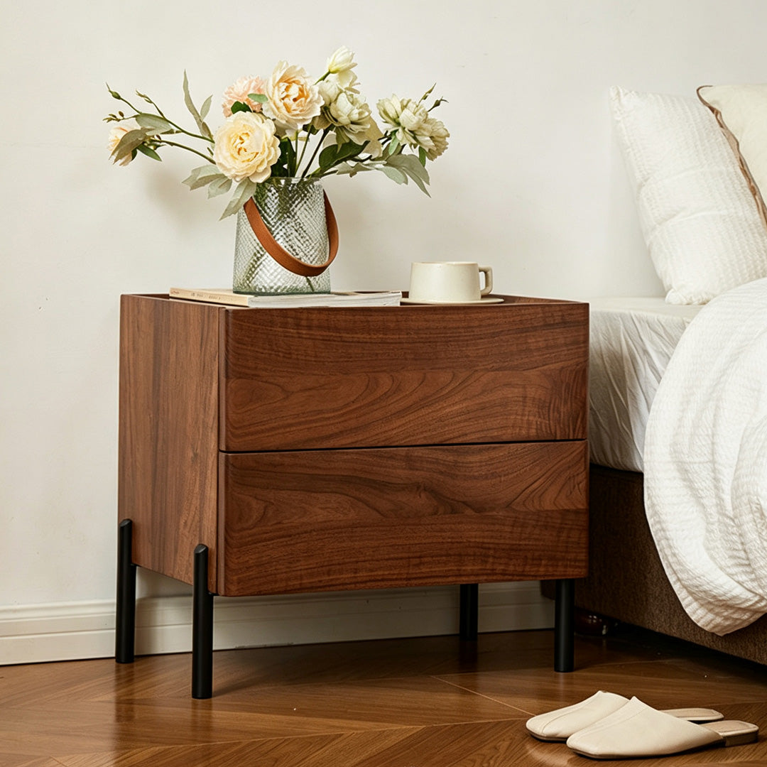 Edmundwalnut Wood Bedside Table With Black Metal Legs