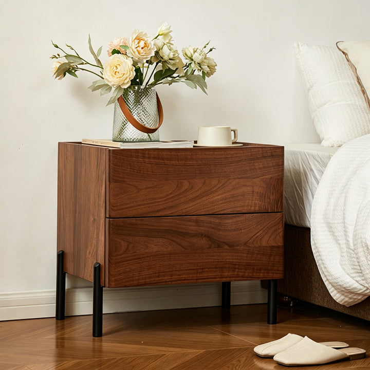 Edmundwalnut Wood Bedside Table With Black Metal Legs