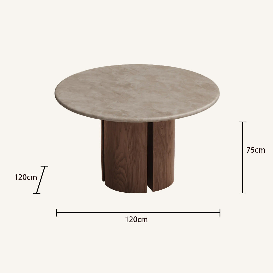 Laurel Taupe Marble Round Dining Table with Wooden Base
