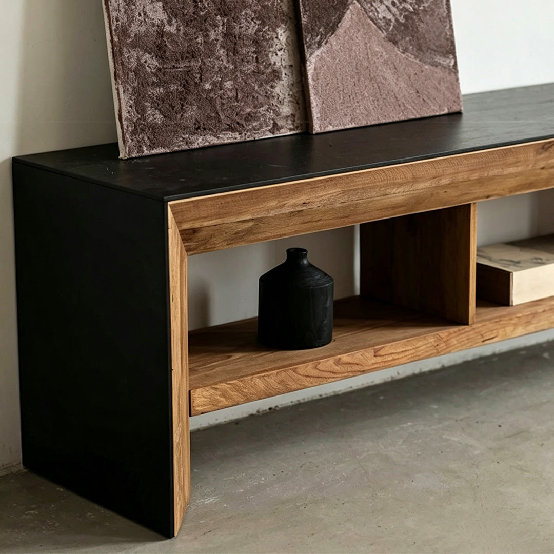 Gareth Natural Wood Media Unit With Optional Black Glass Top