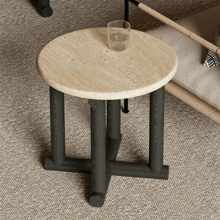 Drake Travertine And Ebony Round Side Table